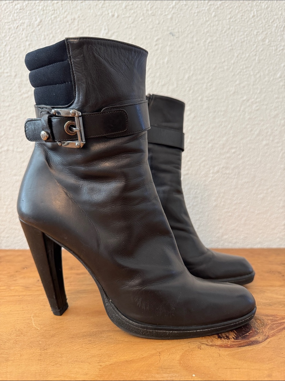 Stuart Weitzman Black Leather Ankle Boots with Silver Buckle